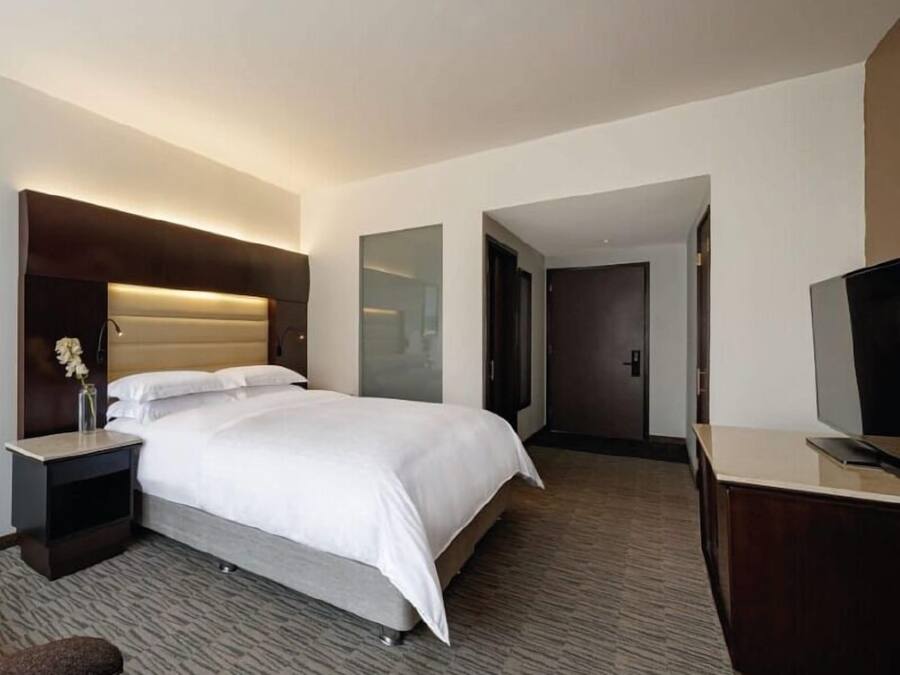 A modern hotel room with a large bed, a bedside table with a vase of flowers, a flat-screen TV, and a desk with a chair.