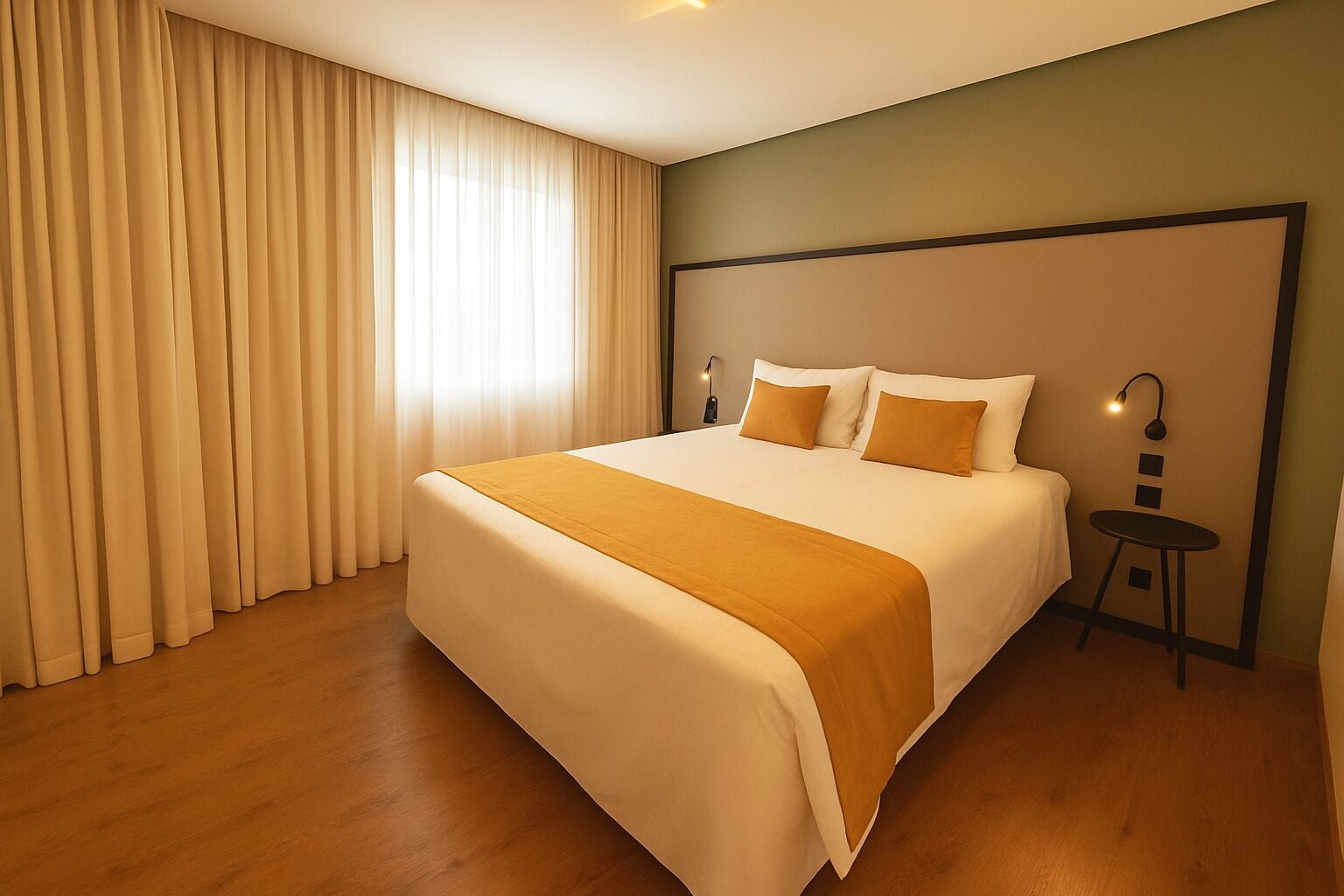 Habitación de hotel con una cama grande, una mesita de noche con lámpara y vistas al exterior a través de cortinas translúcidas.