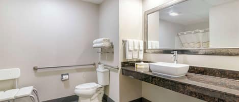 A bathroom with a toilet, handrails, a sink, and a mirror.