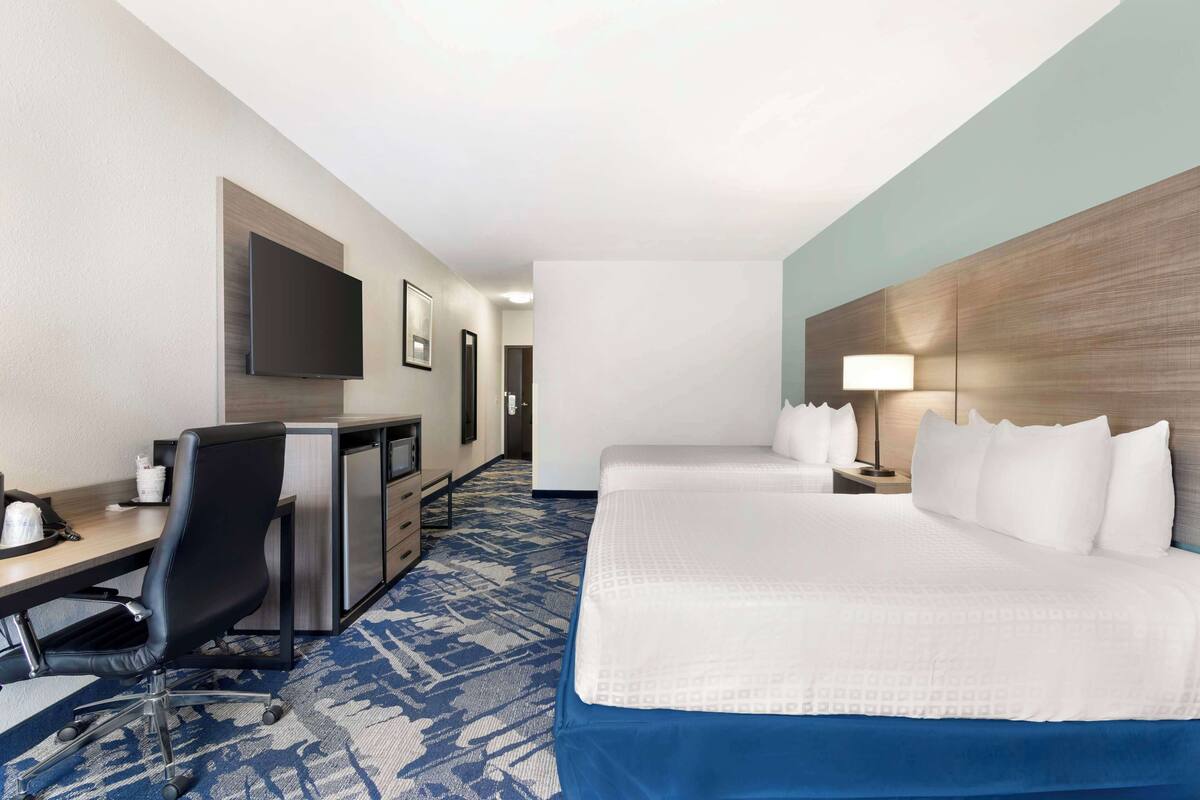 A hotel room with a bed, desk, chair, TV, and a lamp.