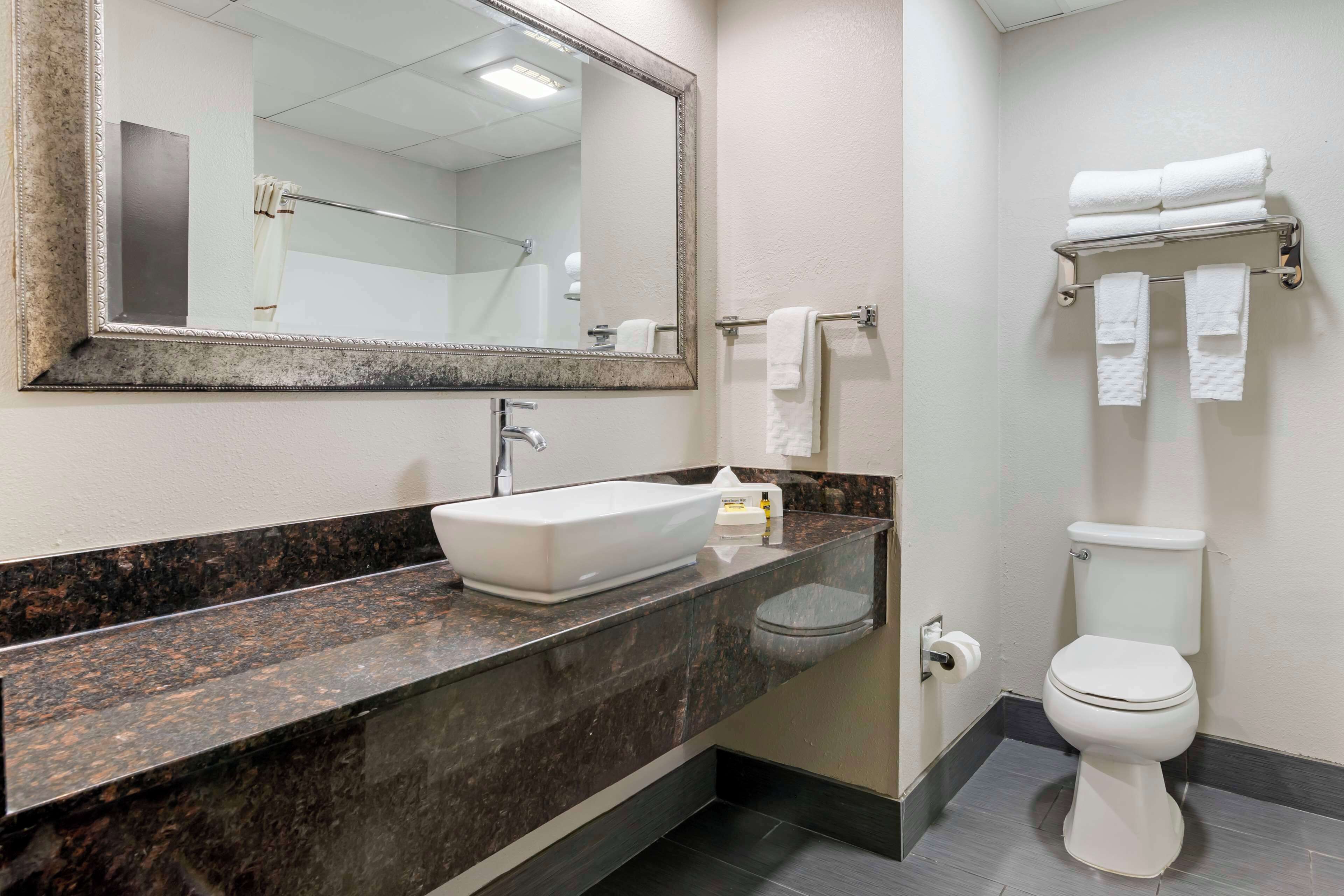 combined shower/bathtub, free toiletries, hair dryer, towels