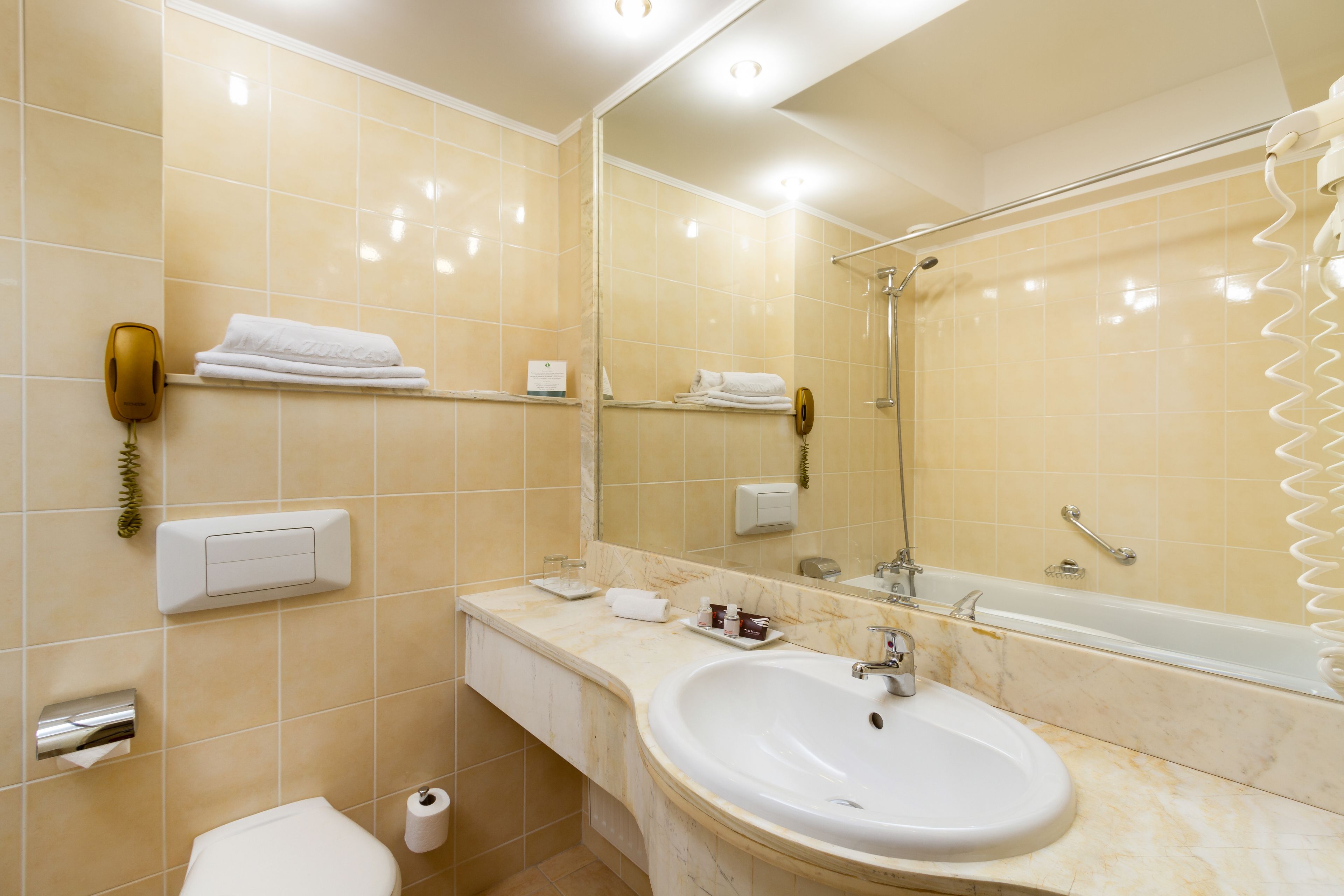 combined shower/bathtub, free toiletries, hair dryer, towels