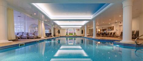 Indoor pool, open 7:30 AM to 8:00 PM, sun loungers