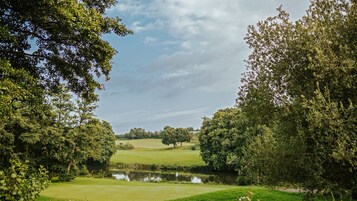 Campo de golf con un estanque, rodeado de árboles frondosos y un cielo despejado.