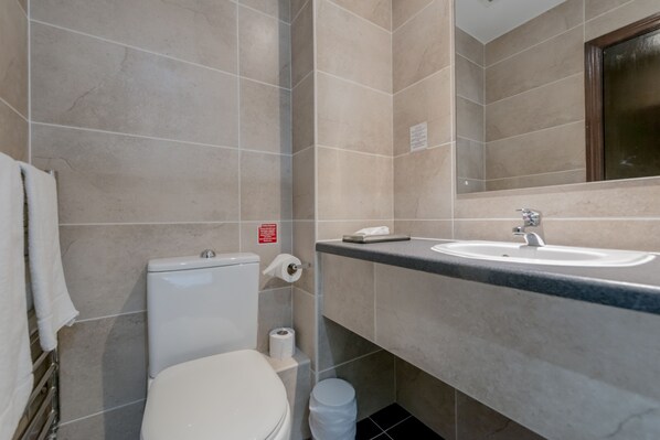Un baño con inodoro, lavamanos y espejo.