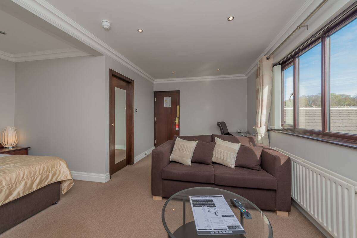 1 bedroom, desk, blackout curtains, iron/ironing board