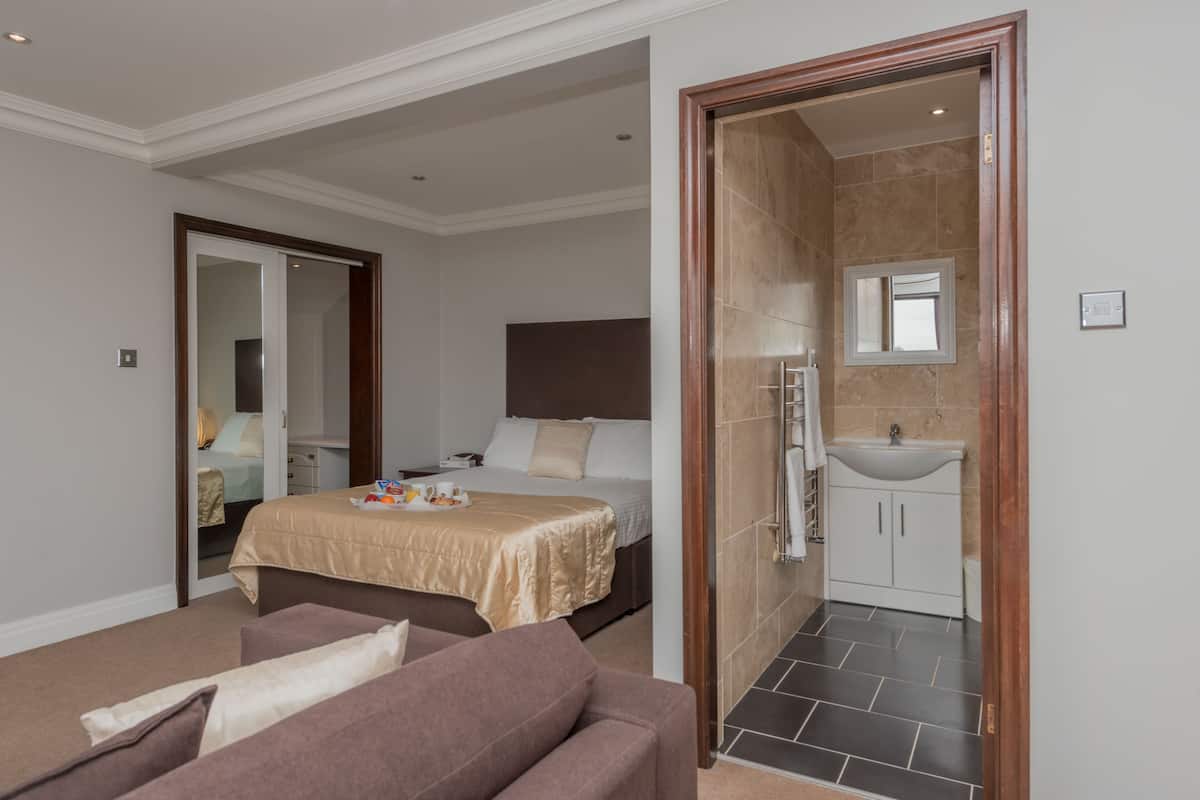 1 bedroom, desk, blackout curtains, iron/ironing board