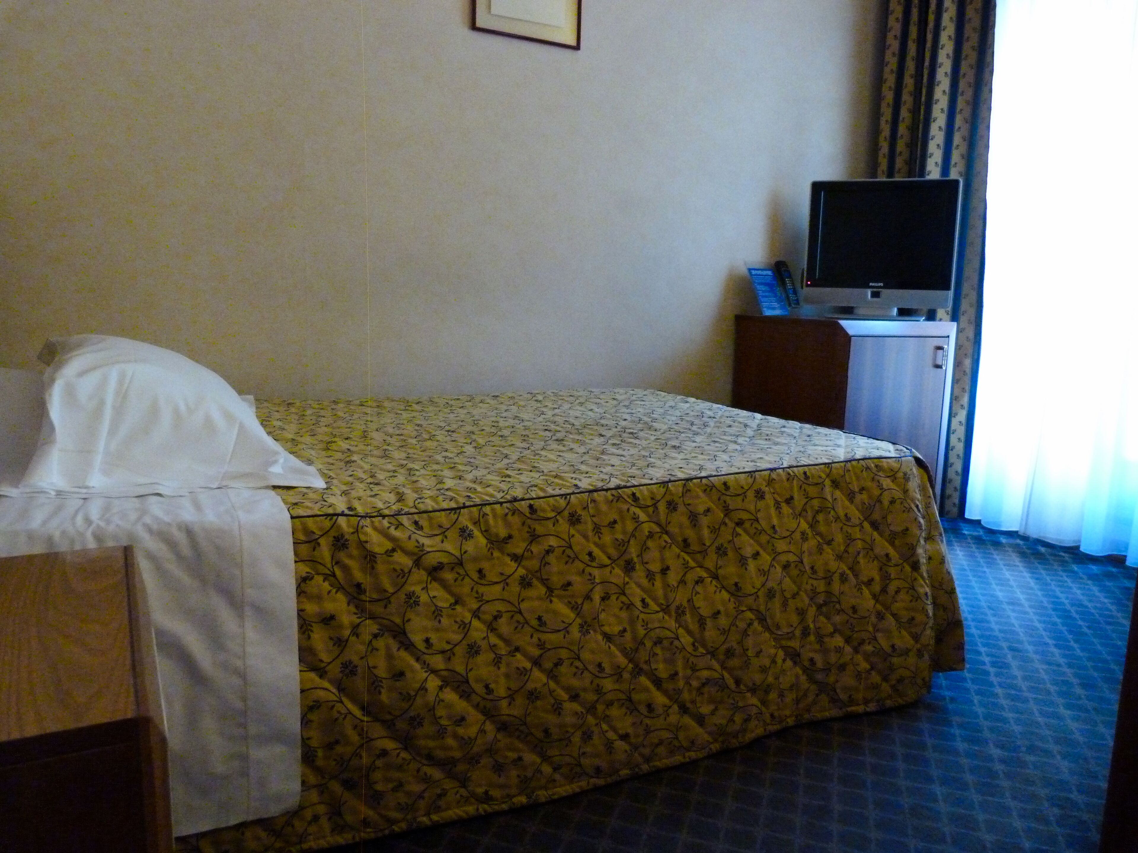 A hotel room with a bed, a television on a cabinet, and a window with curtains.