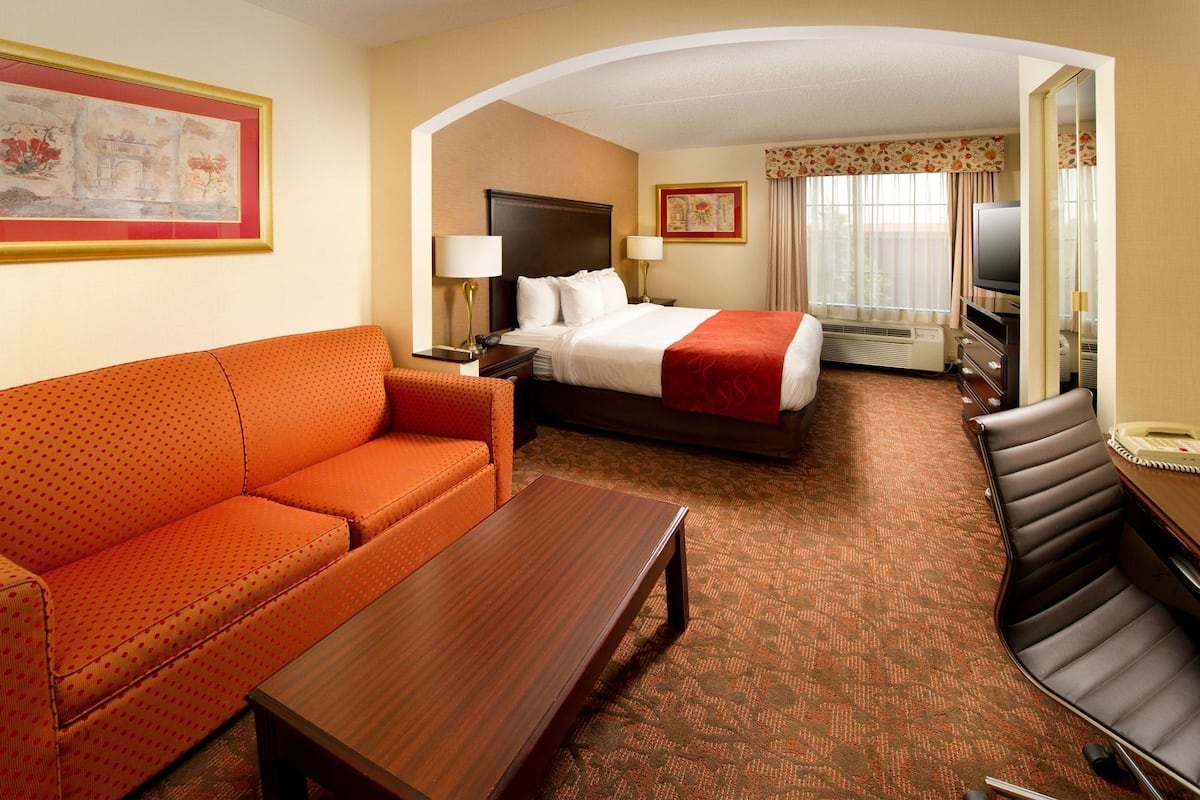 Habitación de hotel con cama, sofá, escritorio, silla, televisor y un cuadro en la pared.