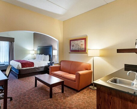 Premium bedding, desk, blackout drapes, iron/ironing board