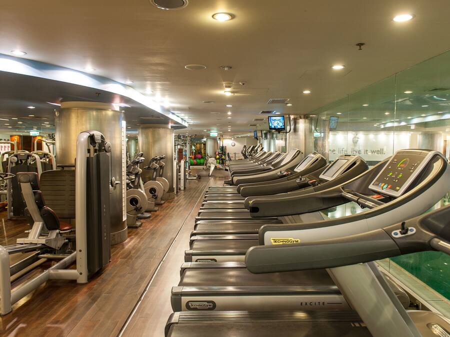 Un gimnasio con cintas de correr, máquinas de pesas y pelotas de ejercicio.