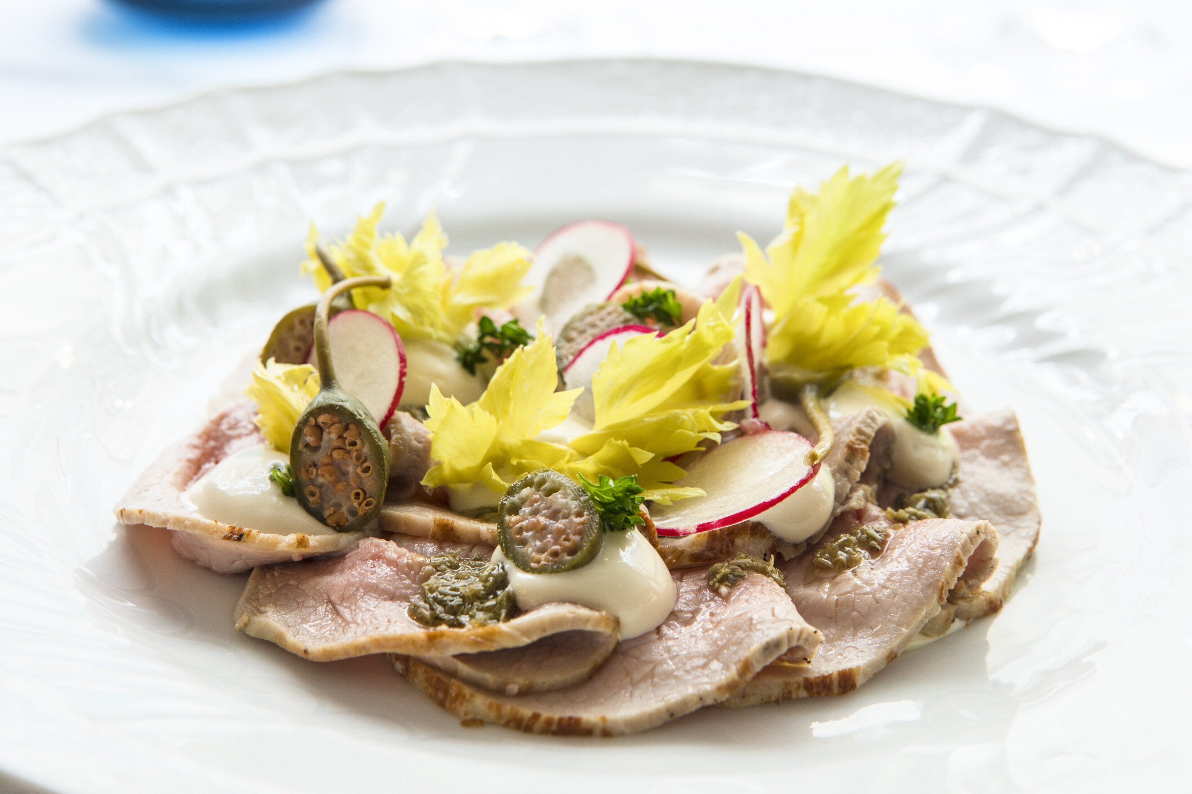 A plate of sliced meat with radishes, herbs, and a creamy sauce.
