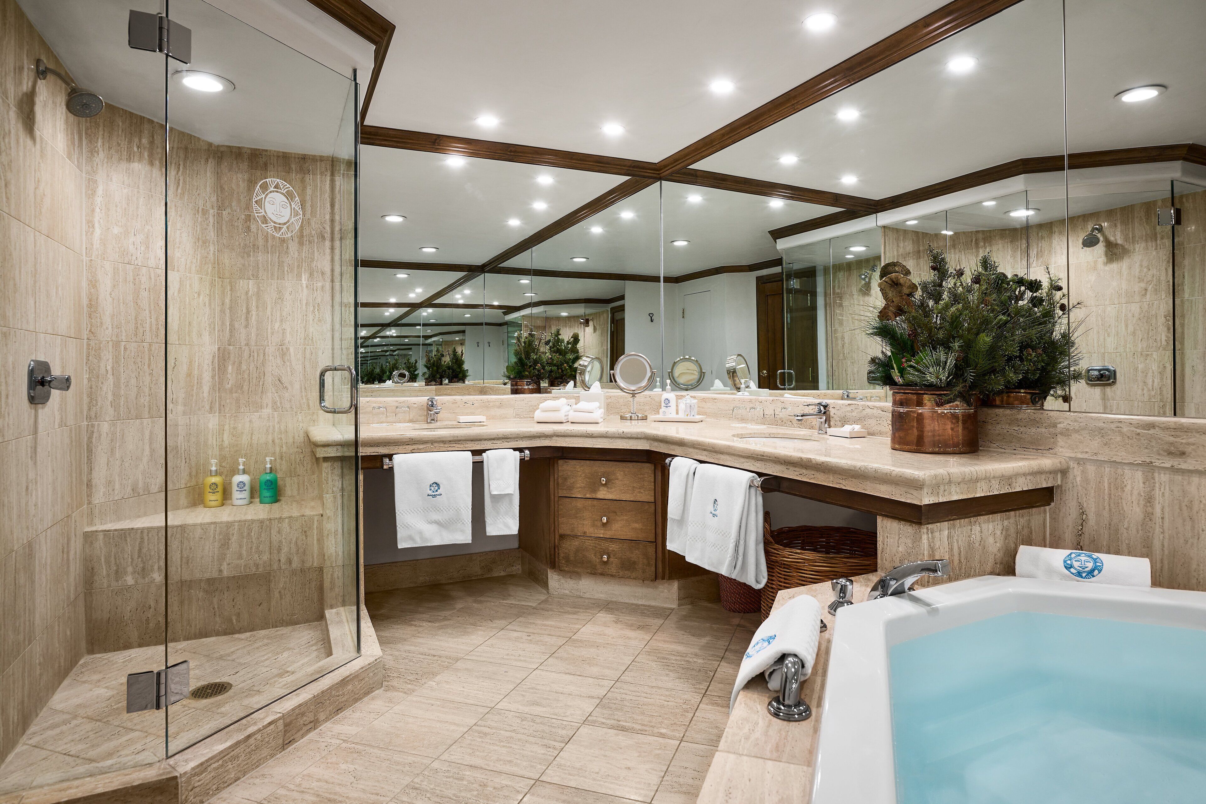 separate bathtub and shower, deep-soaking bathtub, designer toiletries