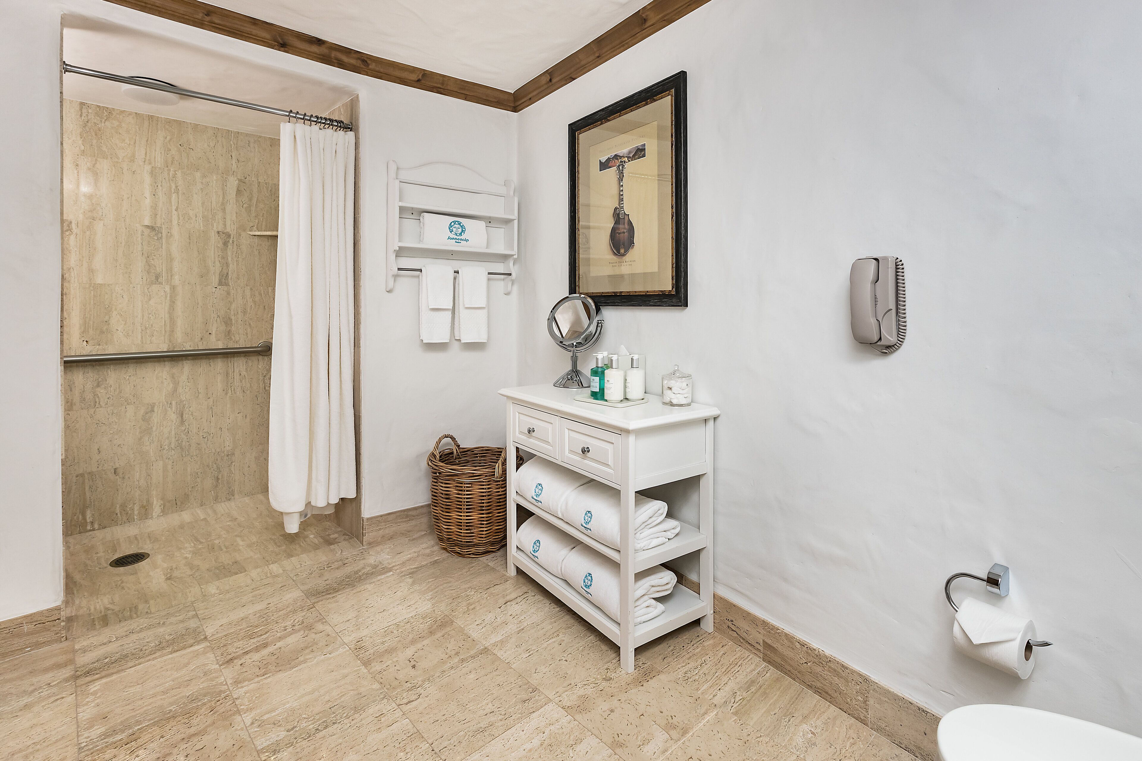 A bathroom with a shower, a vanity with toiletries, and a framed picture on the wall.