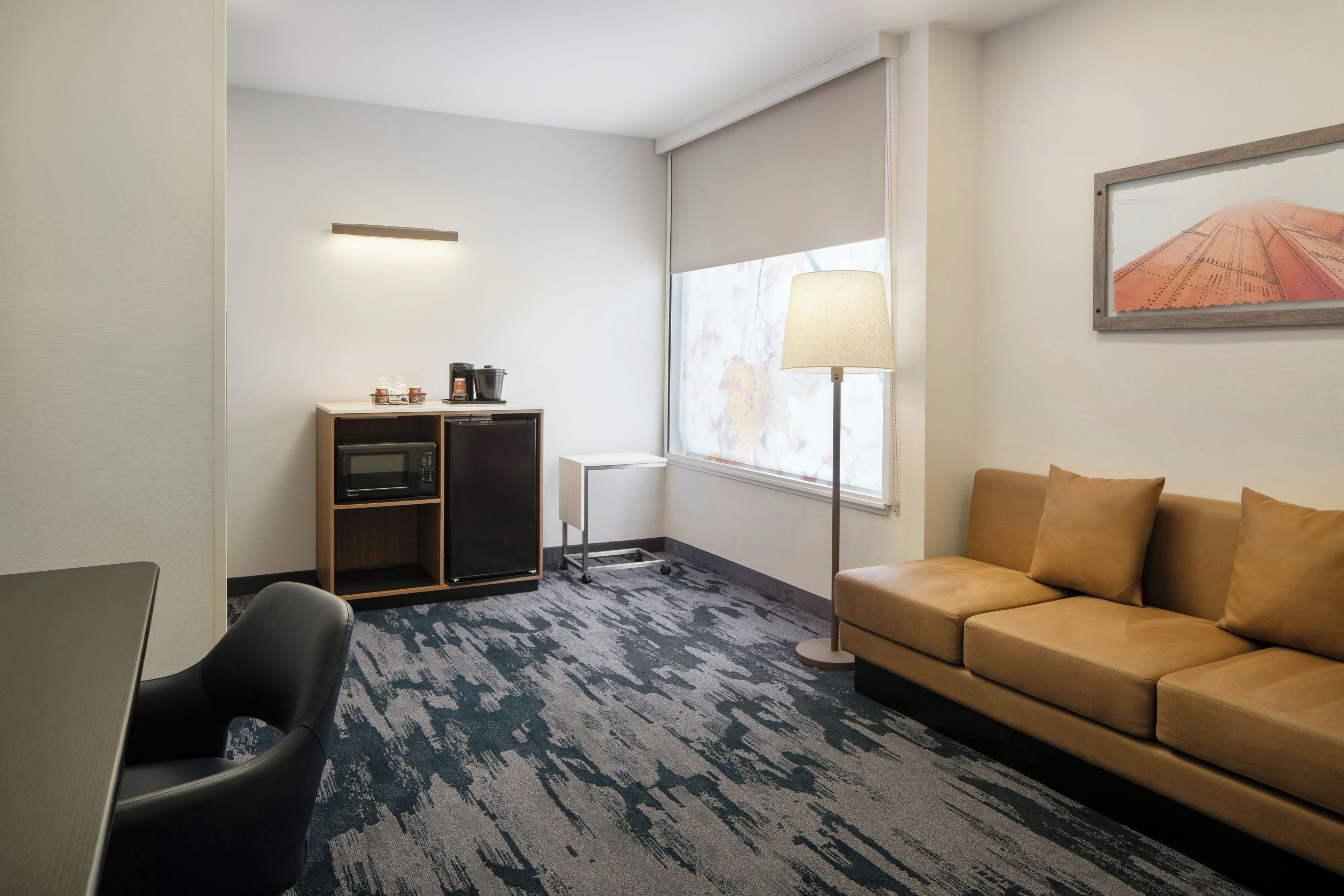 A hotel room with a sofa, a desk, a microwave, a small cabinet, a floor lamp, and a window with a view.