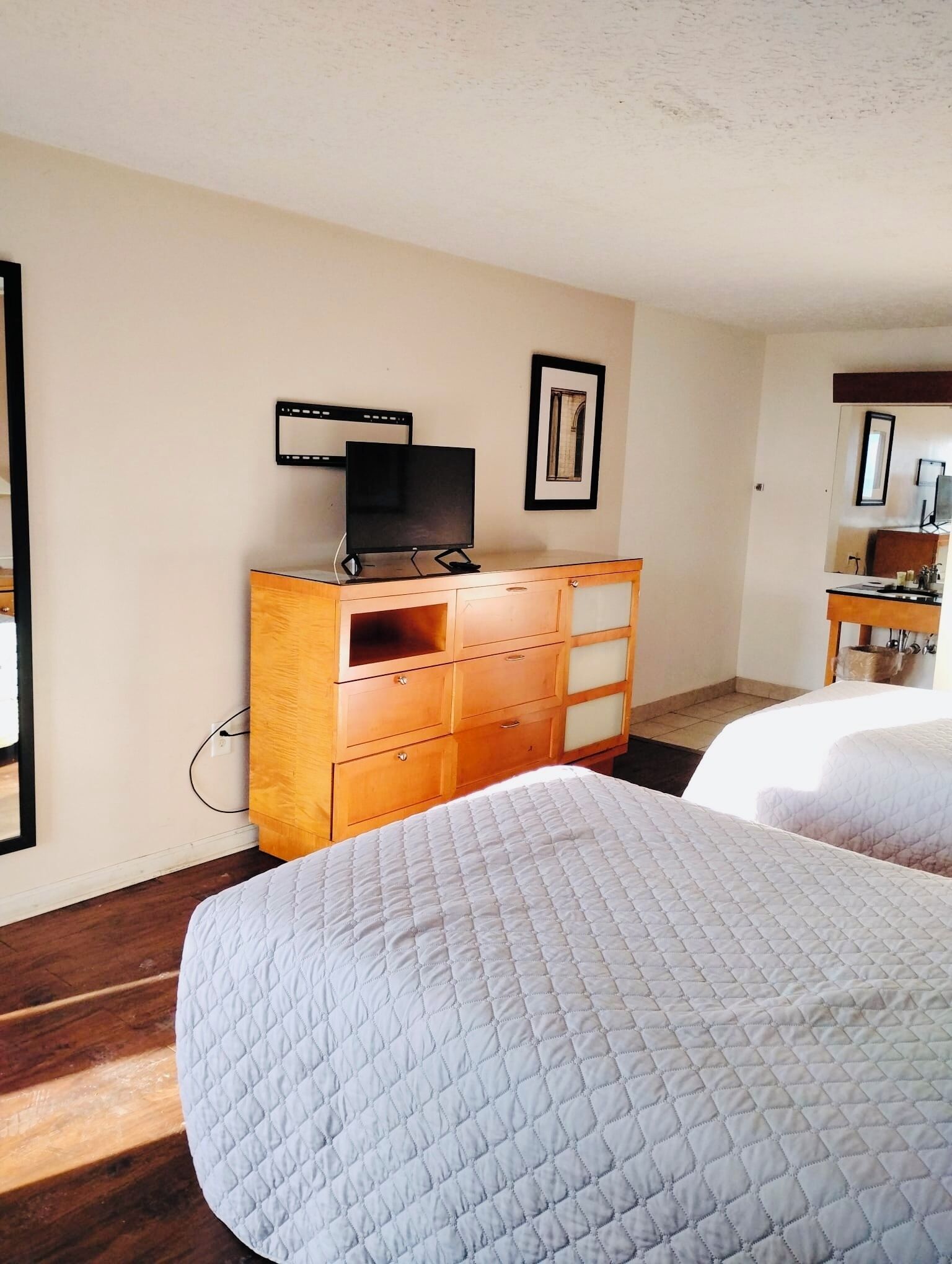 Une chambre d’hôtel avec deux lits, une commode en bois, un téléviseur et un tableau encadré au mur.