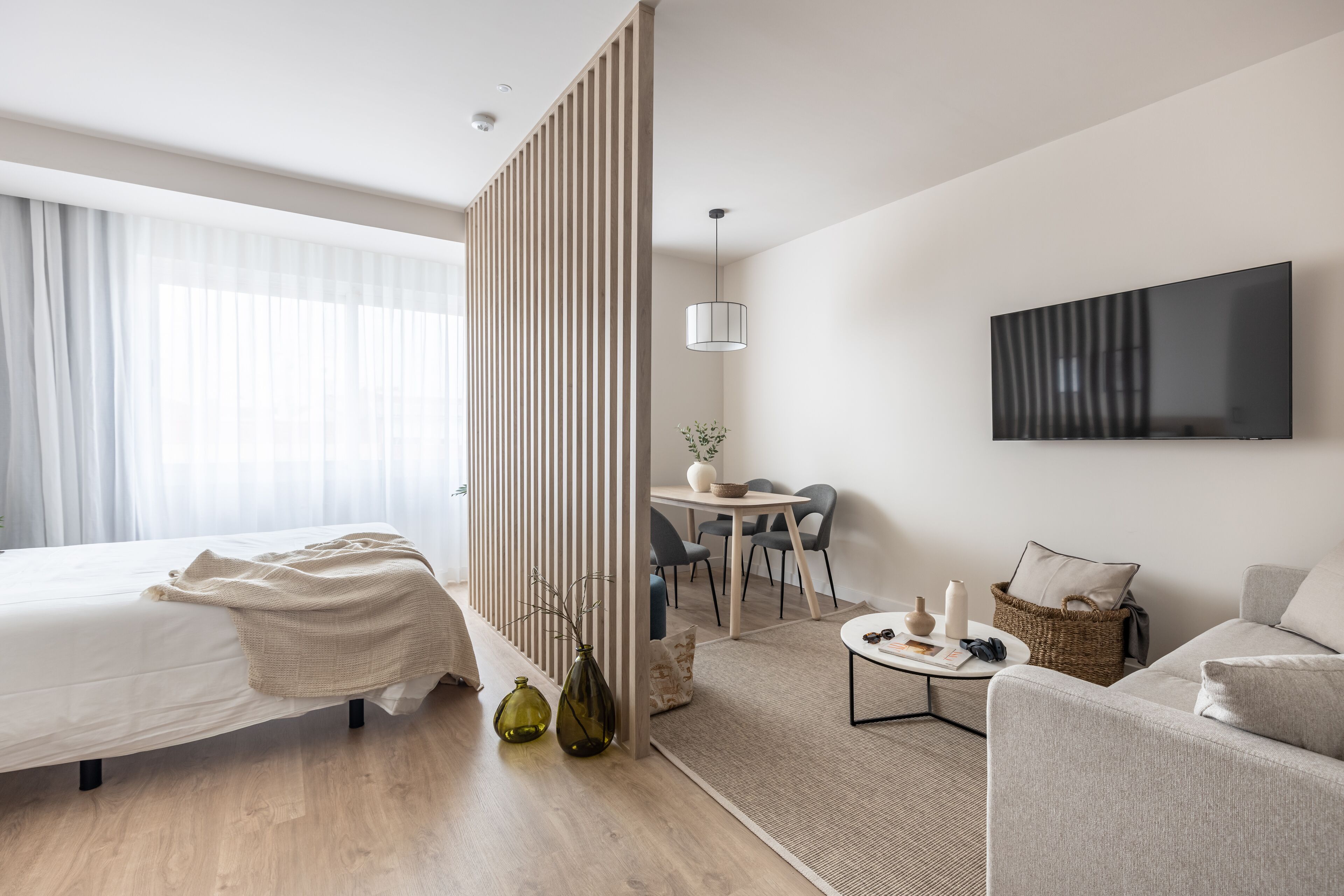 Una habitación de hotel moderna con una cama, un escritorio, una silla, un sofá, un televisor y una planta decorativa.