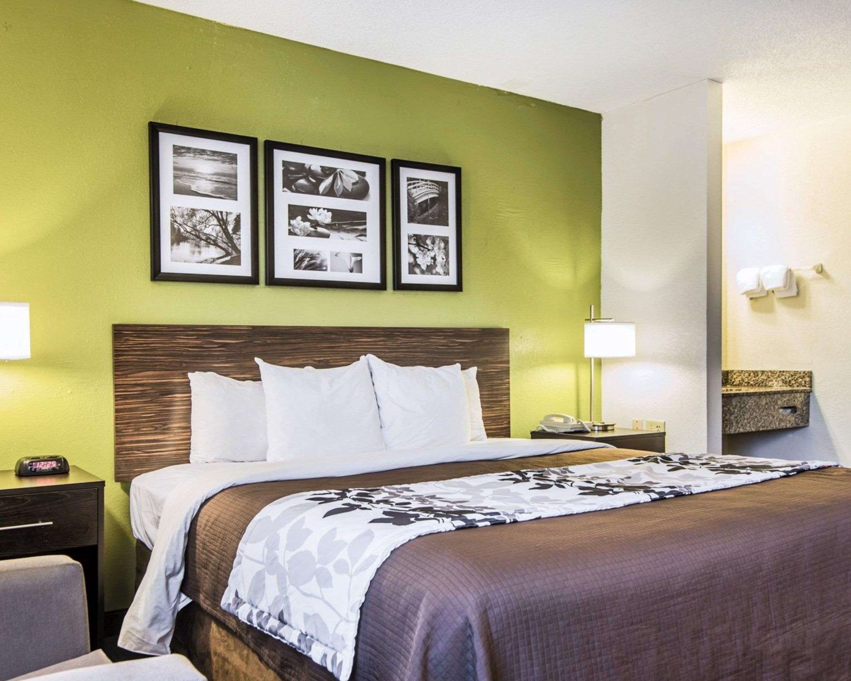 Habitación de hotel con pared verde, cabecera de madera, cama grande con ropa de cama blanca y estampada, dos mesitas de noche con lámparas y un collage enmarcado en la pared.