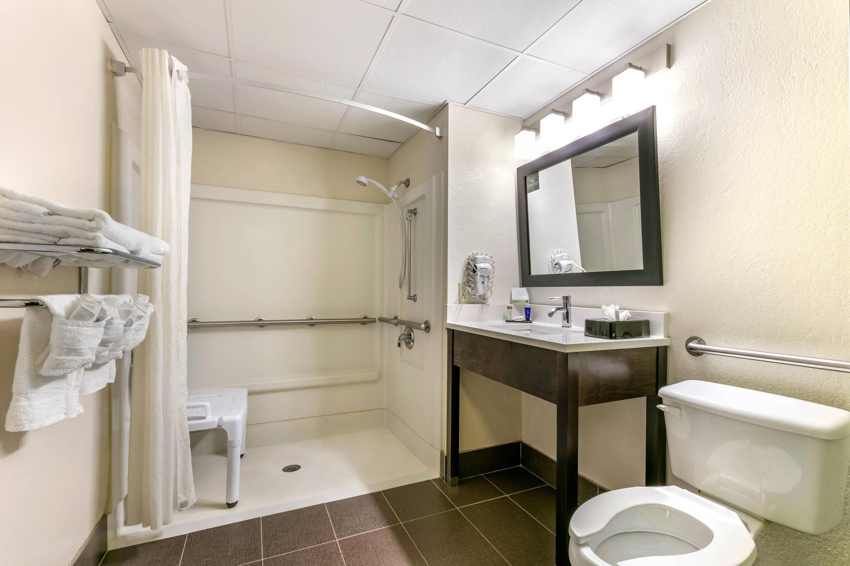 Ein Badezimmer mit Dusche, Toilette, Waschbecken und Spiegel.