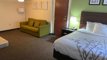 Une chambre d’hôtel avec un lit, un canapé vert, un bureau avec un téléphone, un ventilateur de plafond et des œuvres d’art murales.
