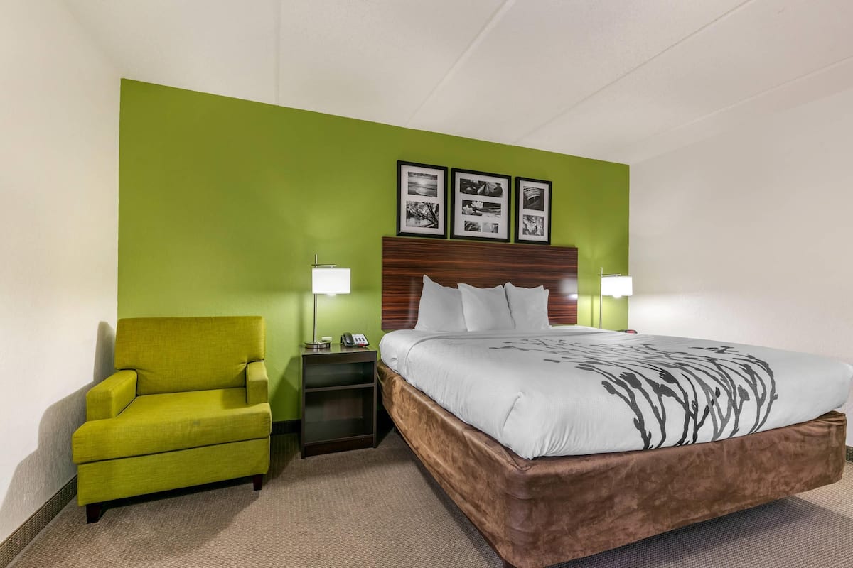 Une chambre d’hôtel avec un mur vert, un lit doté d’une tête de lit marron, un fauteuil jaune et une table de chevet avec une lampe.
