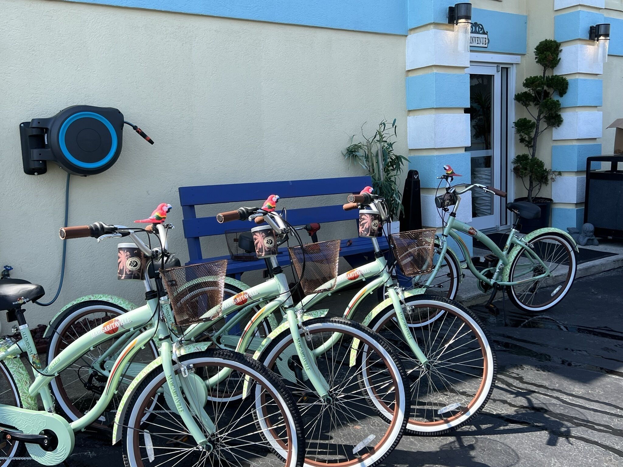 A row of vintage bicycles parked in front of a building with a blue and white facade.