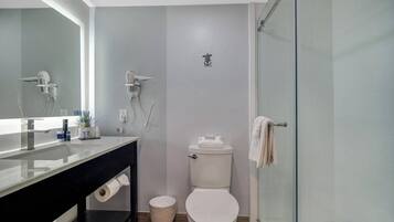 Une salle de bain moderne avec un plan de toilette noir, des toilettes blanches, une douche en verre et un grand miroir.