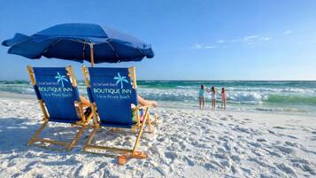 Private beach, white sand, beach cabanas, sun loungers