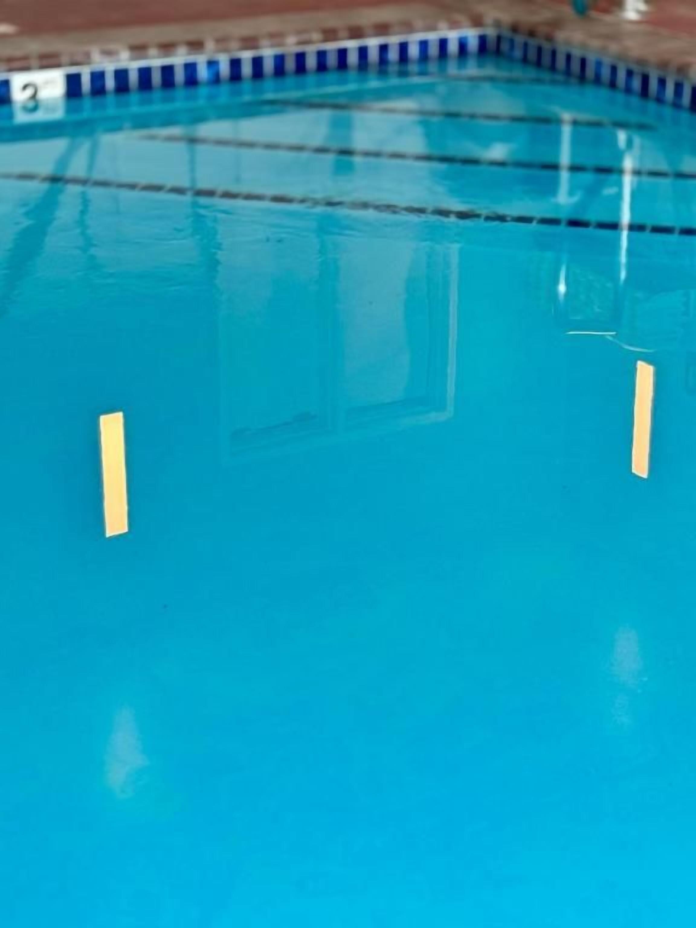 Piscina azul cristalina con separadores de carril y carriles numerados.
