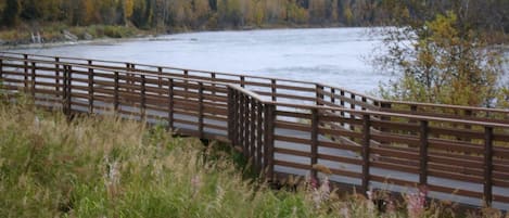 A wooden bridge over a river with a forested background.