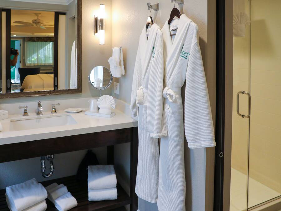 A hotel bathroom with a sink, mirror, towel rack, and a glass shower door.