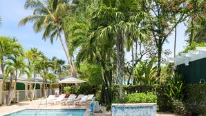 A swimming pool with lounge chairs, surrounded by palm trees and greenery. - Almond Tree Inn Hotel - Adults Only (Key West)