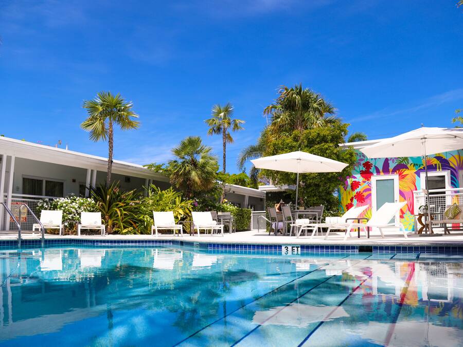 Une piscine entourée de chaises longues et de parasols, bordée de palmiers et agrémentée d’une fresque murale aux couleurs vives.