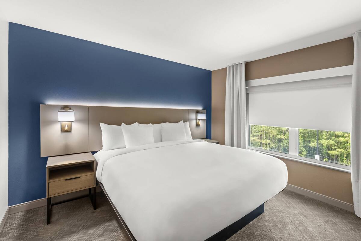 Habitación de hotel con una cama grande, una mesita de noche con lámpara, una ventana con cortinas y vistas a zonas verdes.