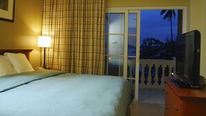 Habitación de hotel con una cama, un televisor sobre un mueble de madera, una mesita de noche con una lámpara y vistas al exterior a través de un ventanal.