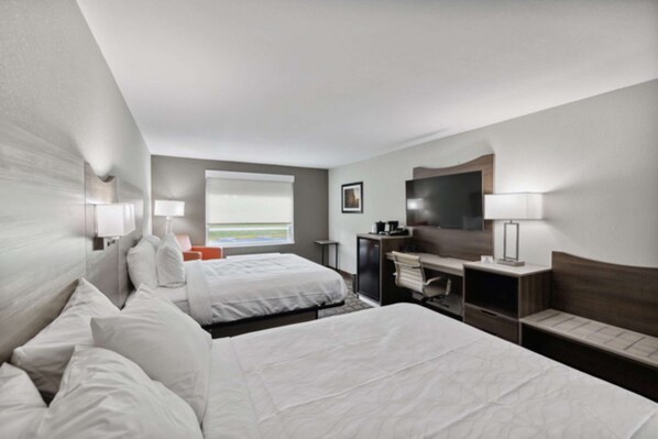 Desk, laptop workspace, blackout curtains, iron/ironing board