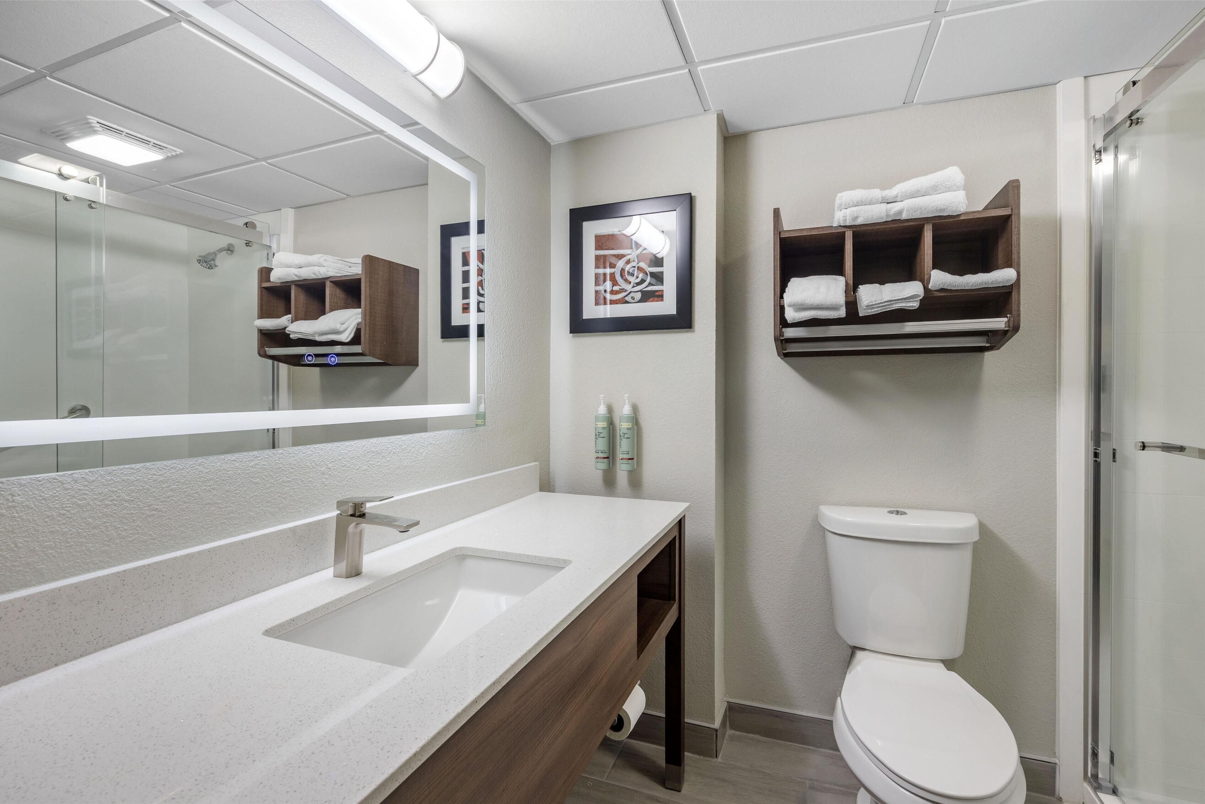 Un baño moderno con un espejo grande, un lavabo, un inodoro y una ducha.
