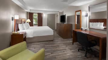 Desk, laptop workspace, blackout curtains, iron/ironing board