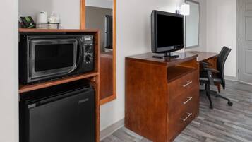 Desk, laptop workspace, blackout curtains, iron/ironing board