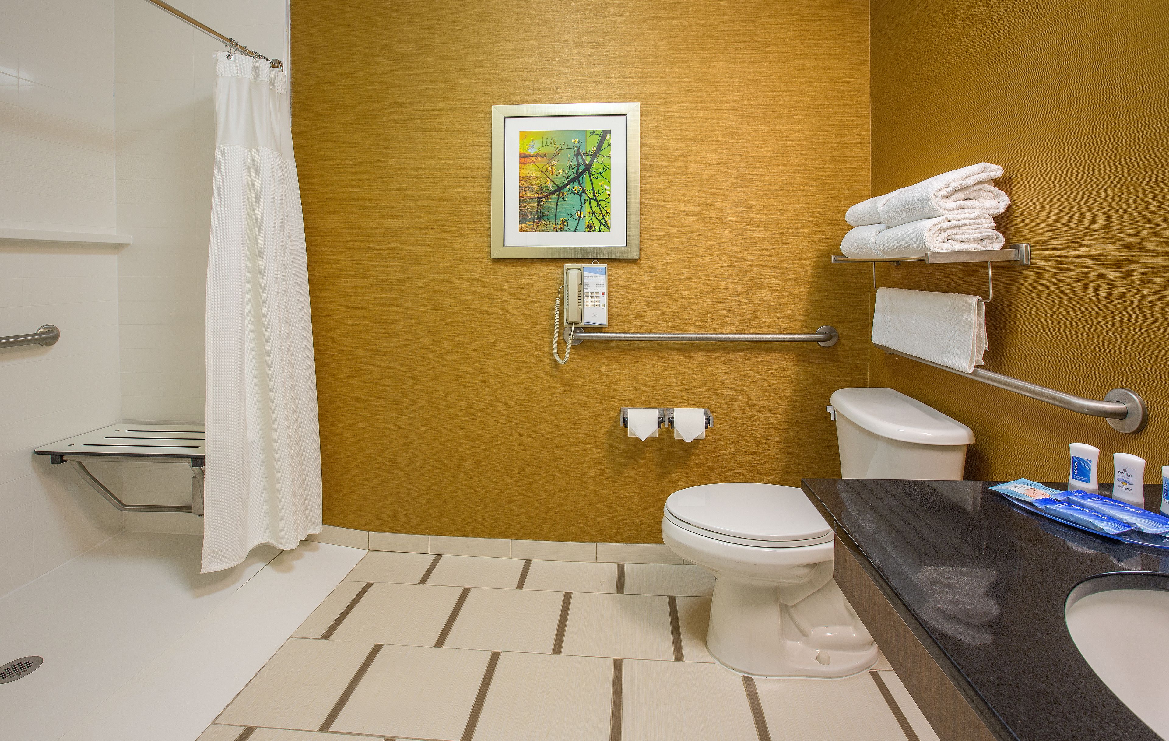 free toiletries, hair dryer, towels