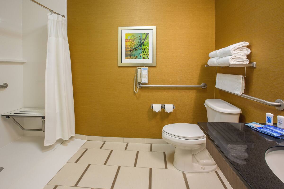 free toiletries, hair dryer, towels