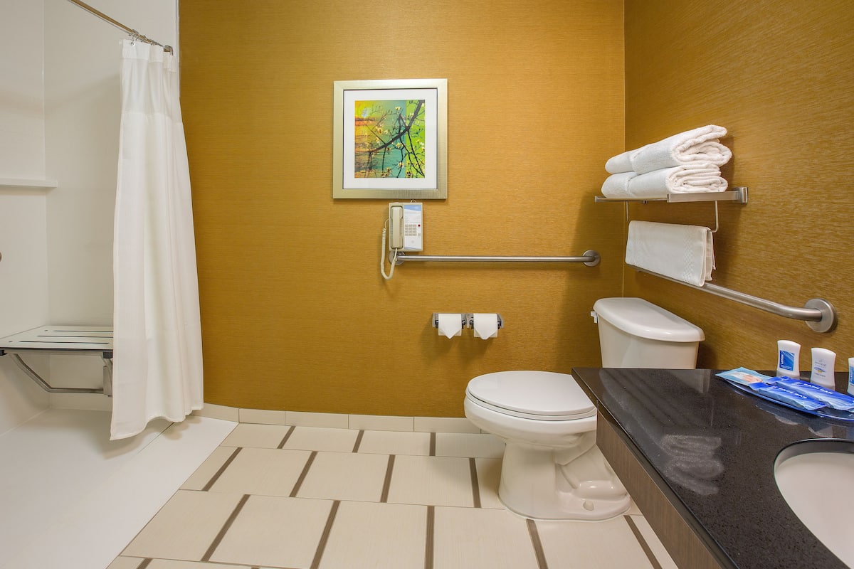 Une salle de bain équipée de toilettes, d’un lavabo, d’un porte-serviettes et d’un tableau encadré au mur.