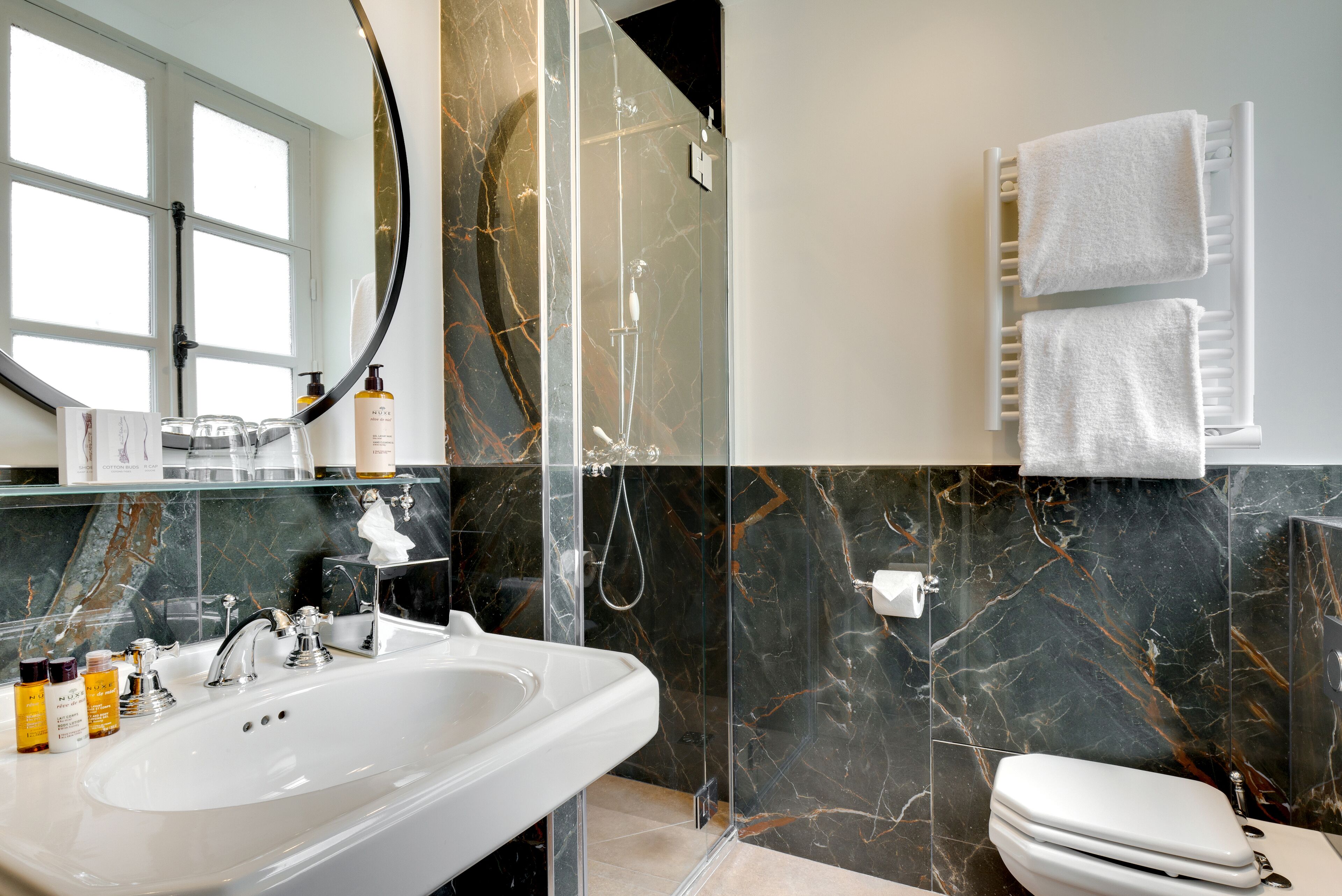 classic double room | bathroom | designer toiletries, hair dryer, bathrobes, slippers