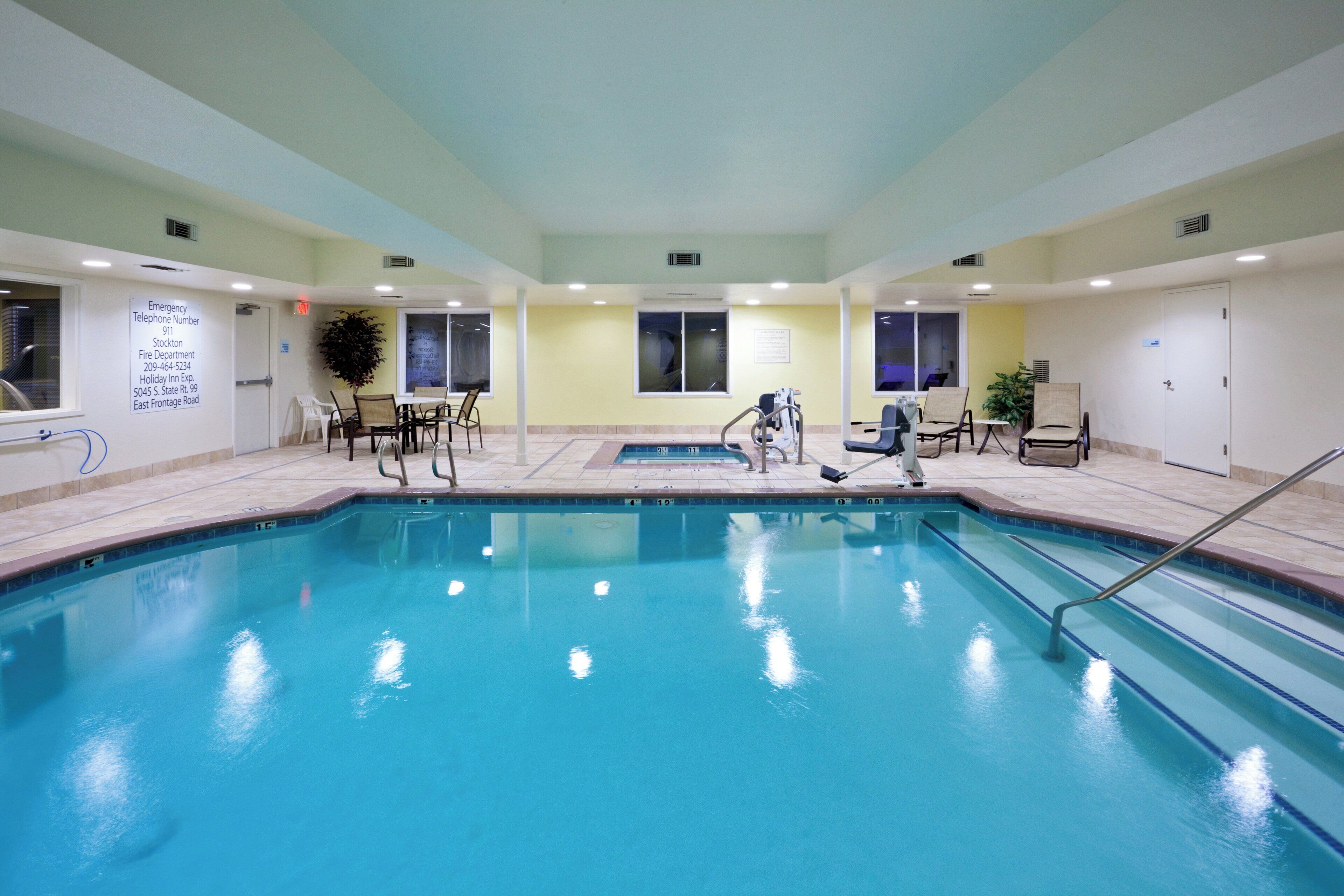 Indoor pool, open 8:00 AM to 10 PM, sun loungers