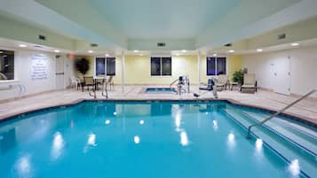 Indoor pool, open 8:00 AM to 10 PM, sun loungers