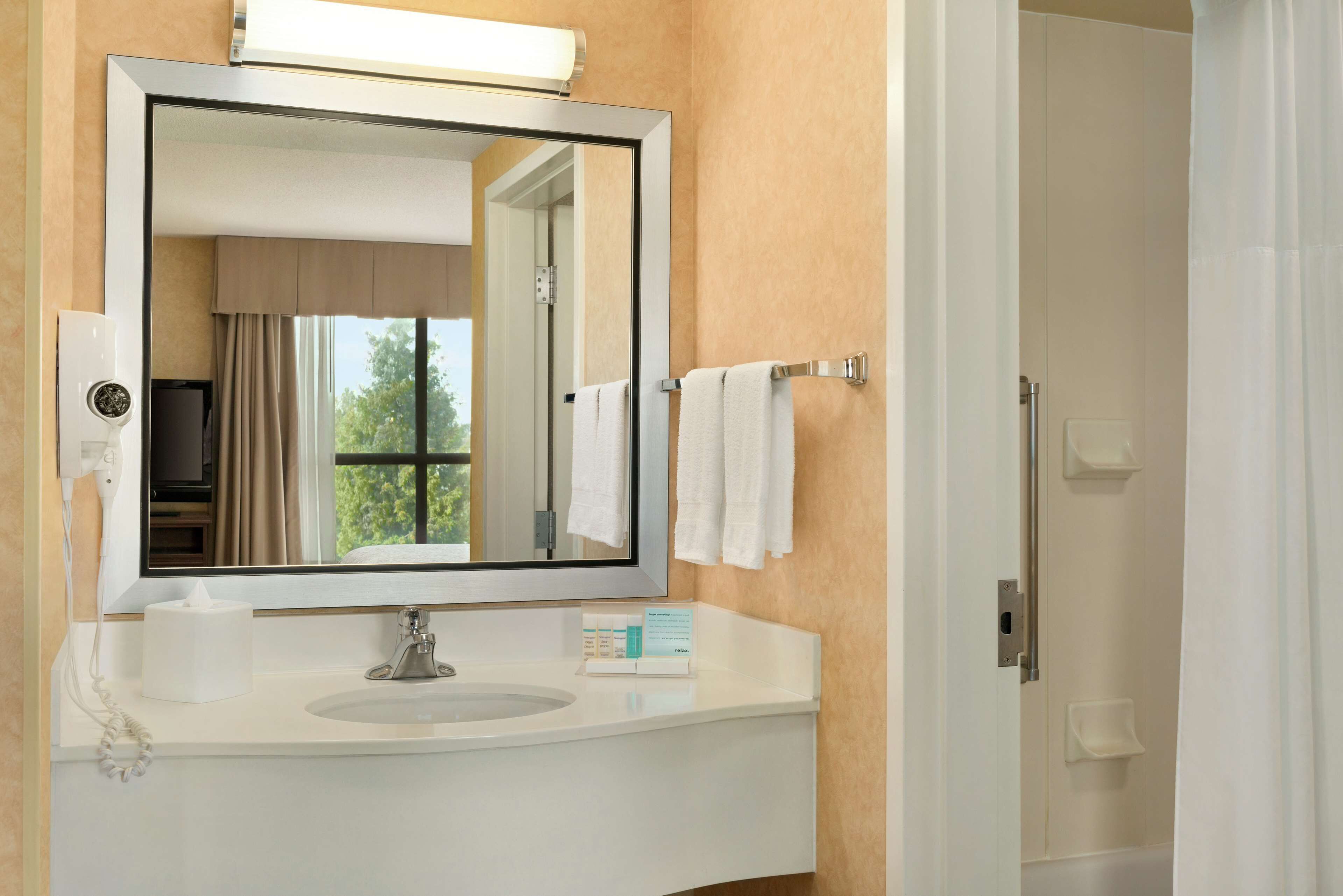 combined shower/bathtub, hair dryer, towels, soap