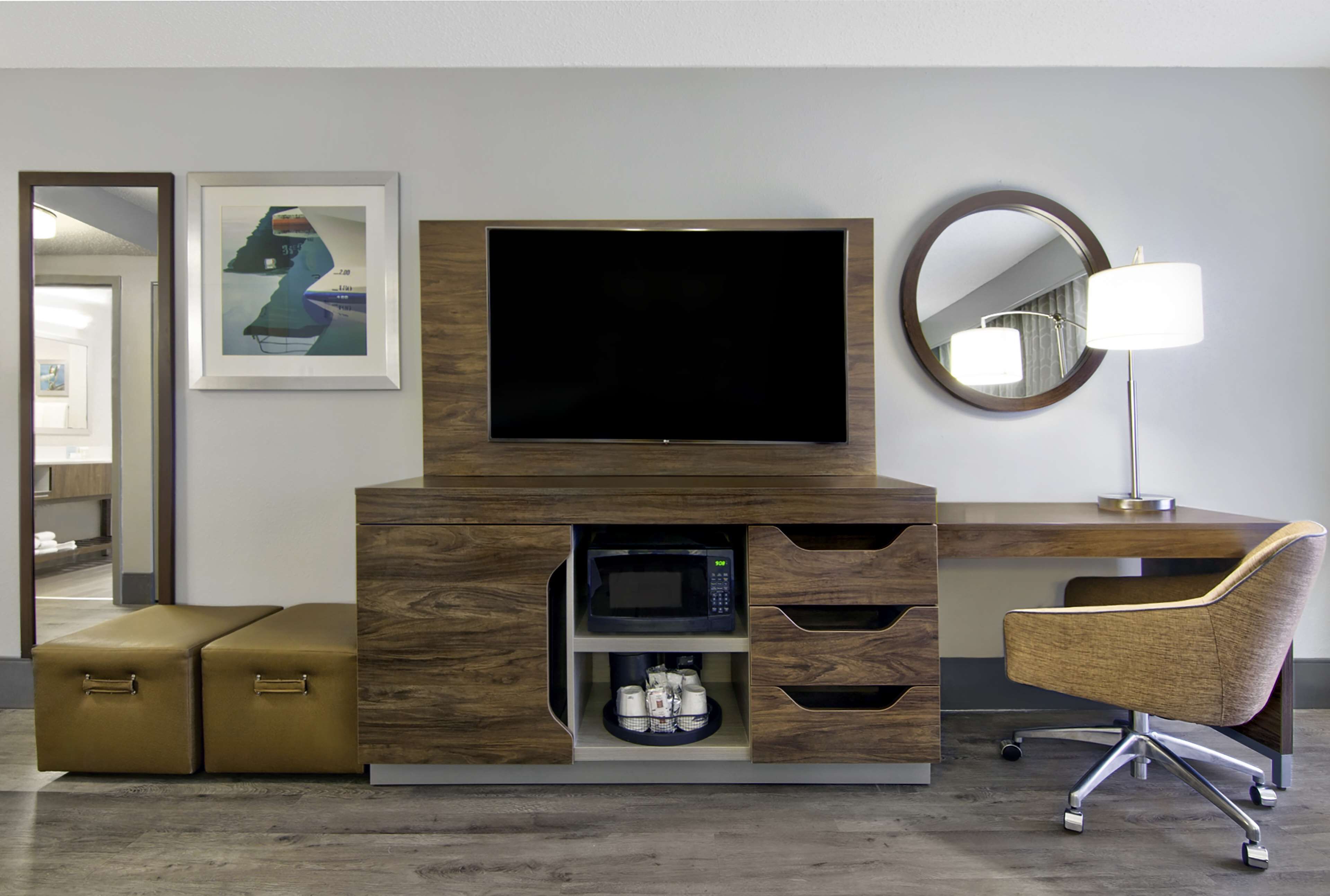 desk, laptop workspace, blackout curtains, iron/ironing board