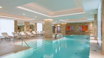 Indoor pool, open 9:00 AM to 9:00 PM, sun loungers