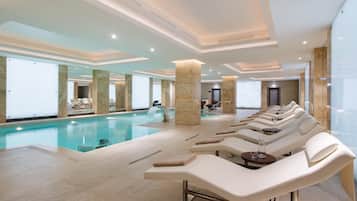 Indoor pool, open 9:00 AM to 9:00 PM, sun loungers