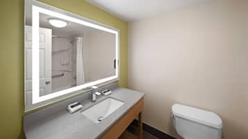 Une salle de bain avec un grand miroir, un lavabo et des toilettes.